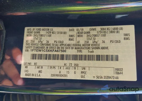 2019 Ford F-150 Xlt из США, поврежденный, VIN 1FTEW1C5XKFA67500